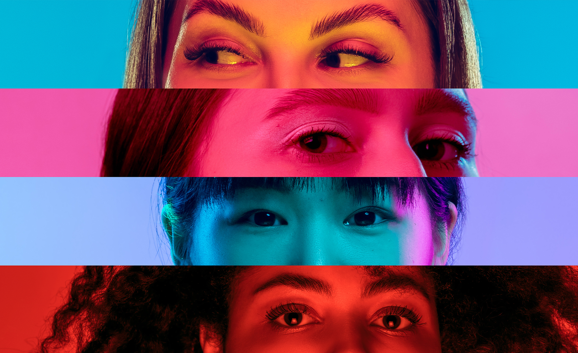 Close-up of diverse women’s eyes with colorful overlays, symbolizing variation in color perception.