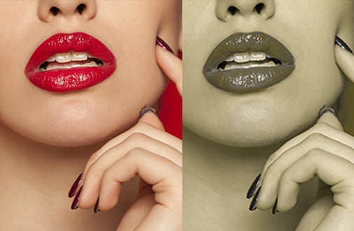 Side-by-side image comparing how a red lipstick appears in normal color vision versus color blindness.