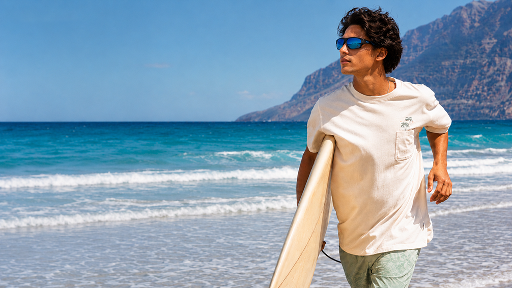 O'Neill x EnChroma performance sunglasses on a surfer at a Mediterranean beach