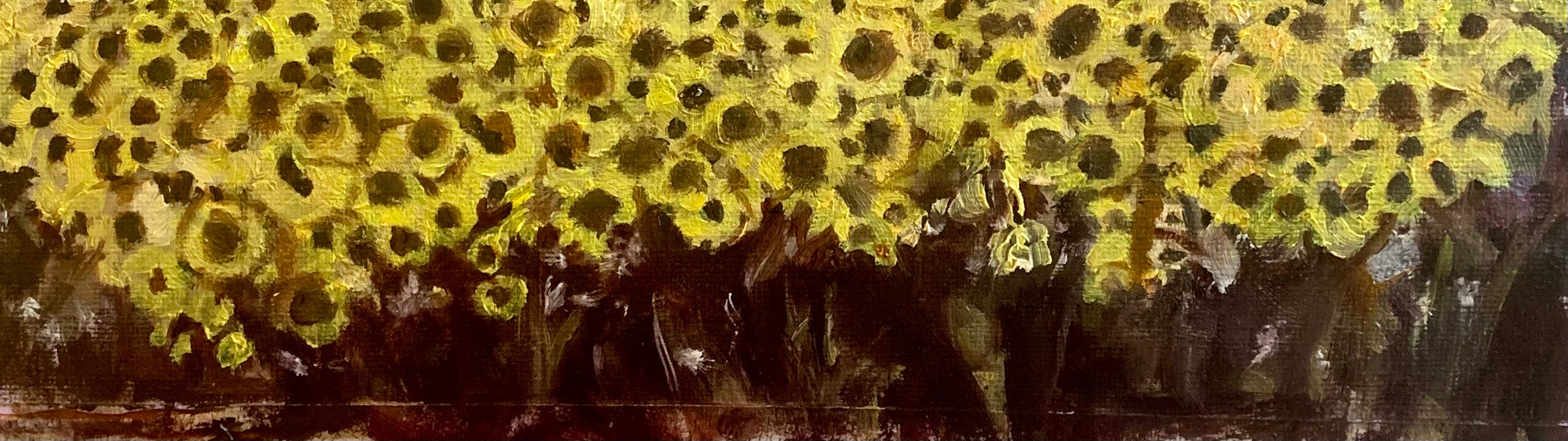 Close-up of a painted surface with yellow and black sunflowers by color blind artist Greg Owens