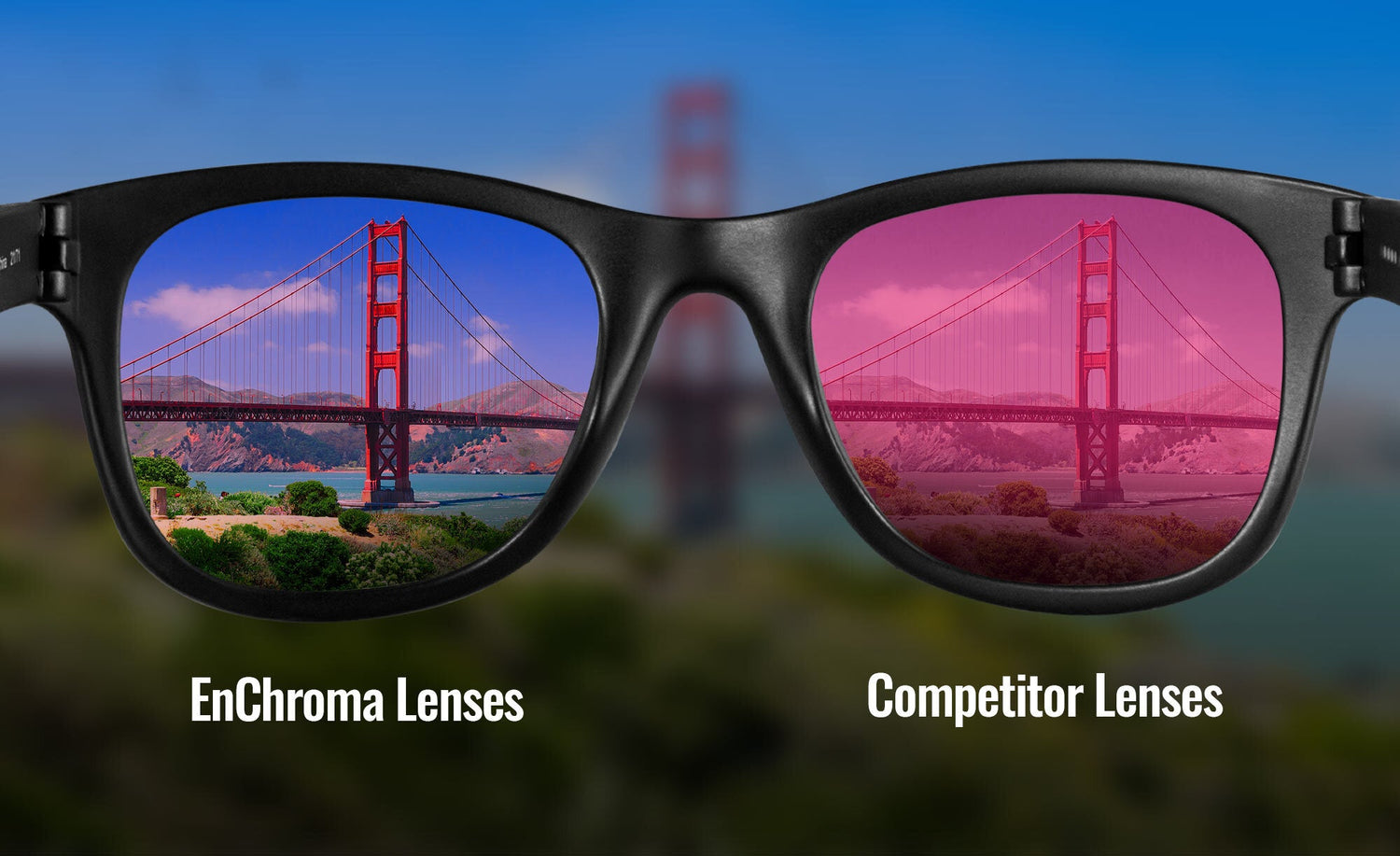 Golden Gate Bridge seen through EnChroma color blind glasses vs. competitor lenses, showing vibrant colors vs. red tint.